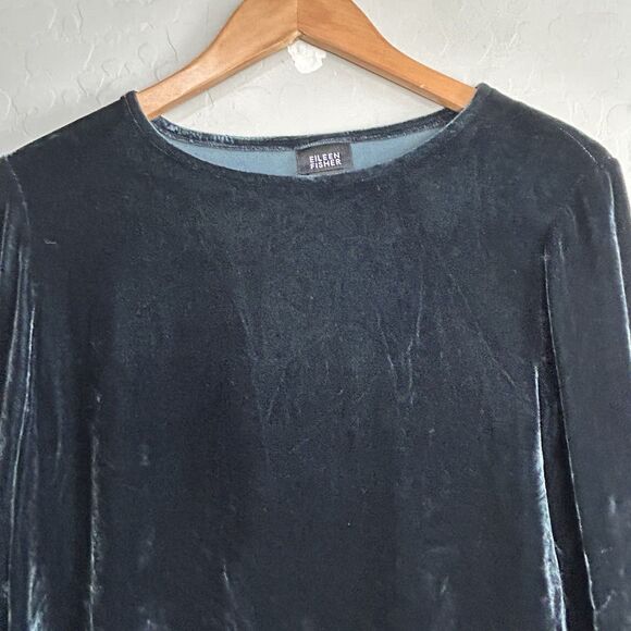 Eileen Fisher Velvet Long Sleeve Top Women’s Small Teal Silk Blend Pullover - Picture 2 of 7